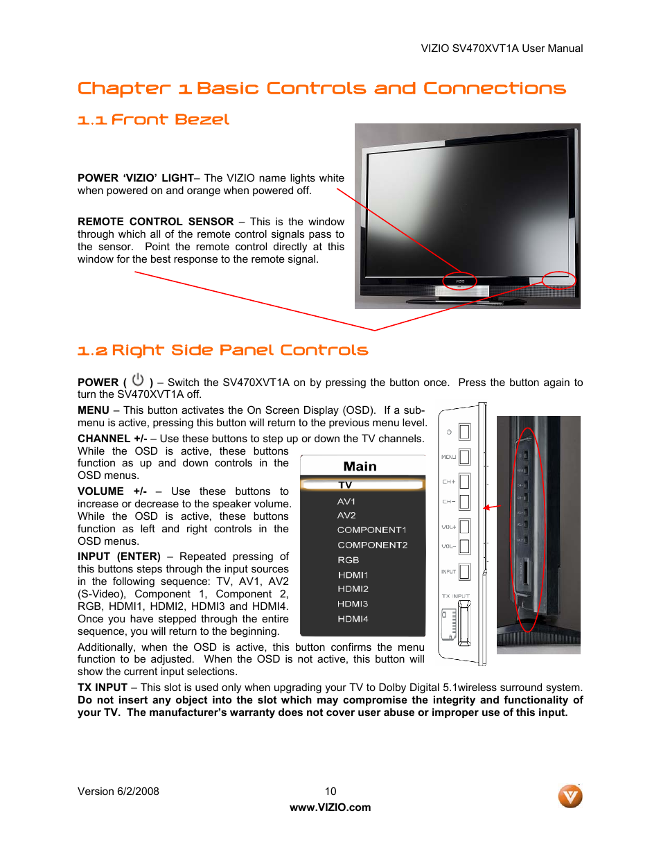 Chapter 1 basic controls and connections, Front bezel, 2 right side panel controls | 1 front bezel | Vizio SV470XVT1A User Manual | Page 10 / 104