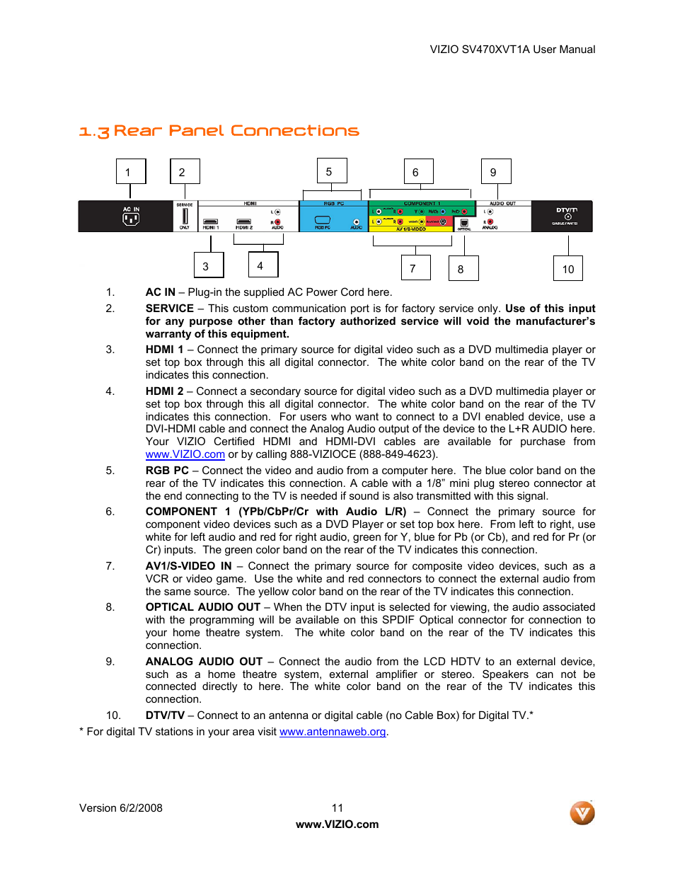 3 rear panel connections | Vizio SV470XVT1A User Manual | Page 11 / 104