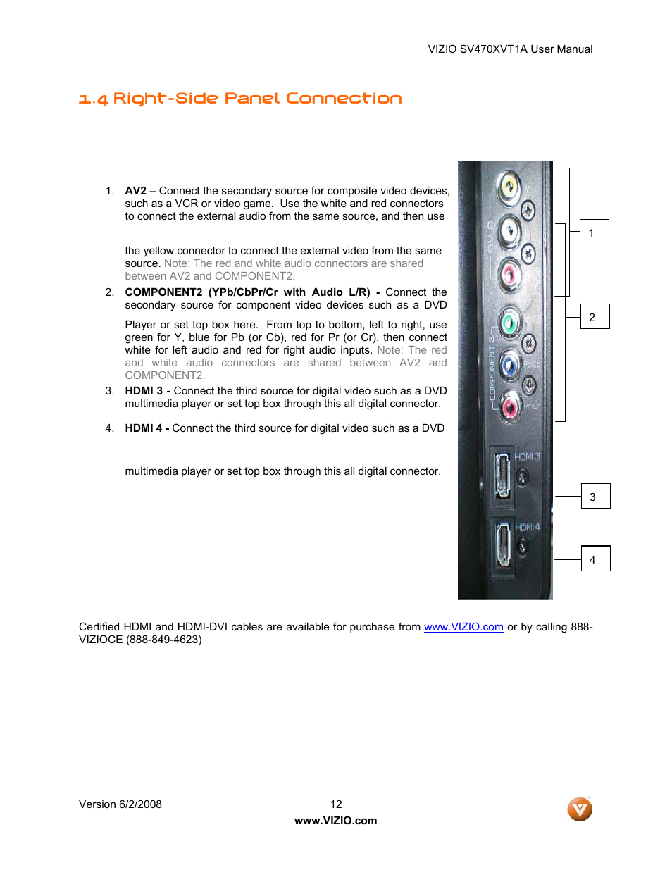 4 right-side panel connection | Vizio SV470XVT1A User Manual | Page 12 / 104