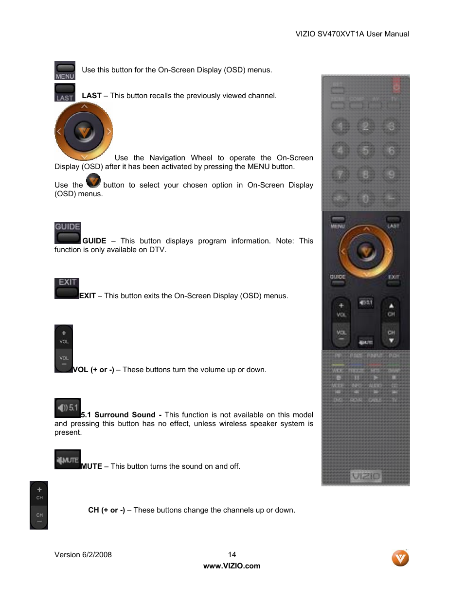 Vizio SV470XVT1A User Manual | Page 14 / 104