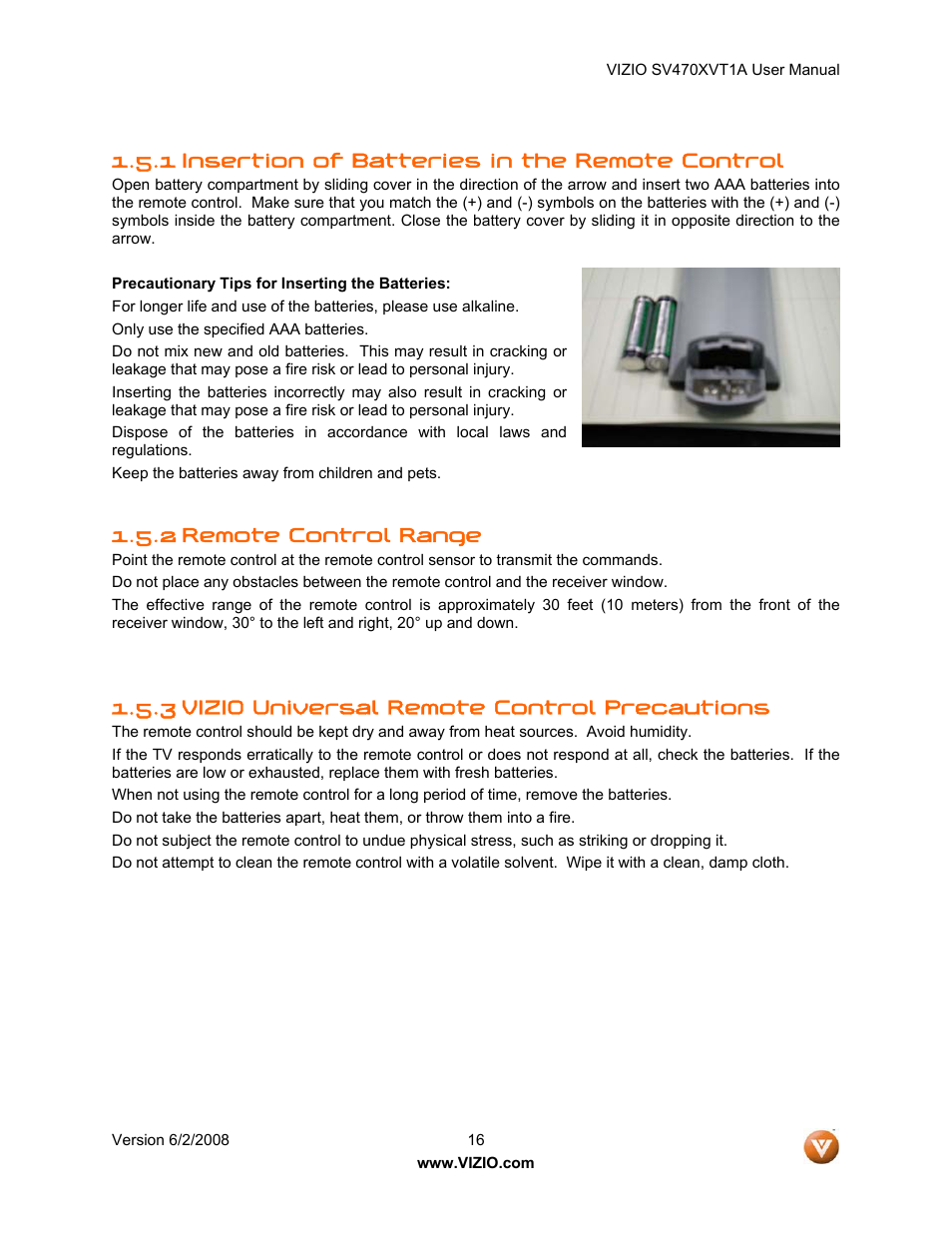 1 insertion of batteries in the remote control, 2 remote control range, 3 vizio universal remote control precautions | Vizio SV470XVT1A User Manual | Page 16 / 104