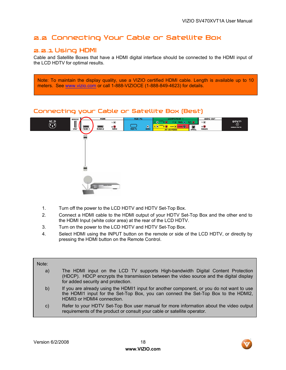 2 connecting your cable or satellite box, 1 using hdmi | Vizio SV470XVT1A User Manual | Page 18 / 104