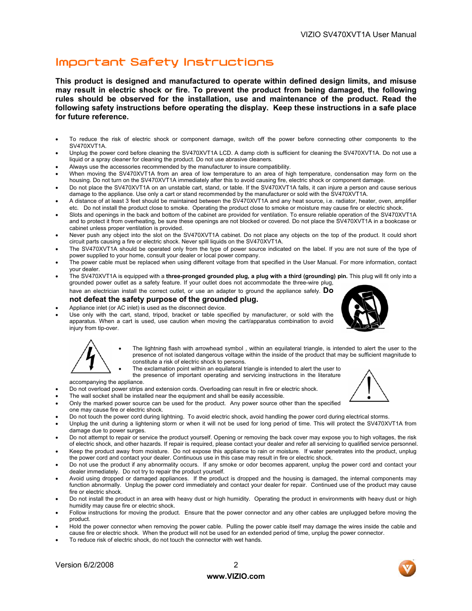 Important safety instructions | Vizio SV470XVT1A User Manual | Page 2 / 104