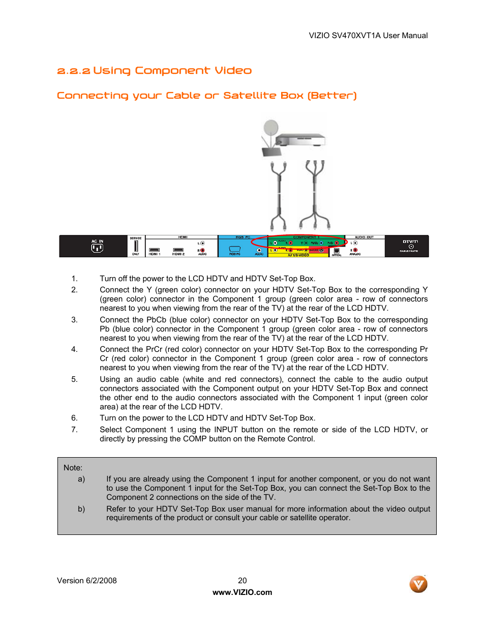 2 using component video | Vizio SV470XVT1A User Manual | Page 20 / 104