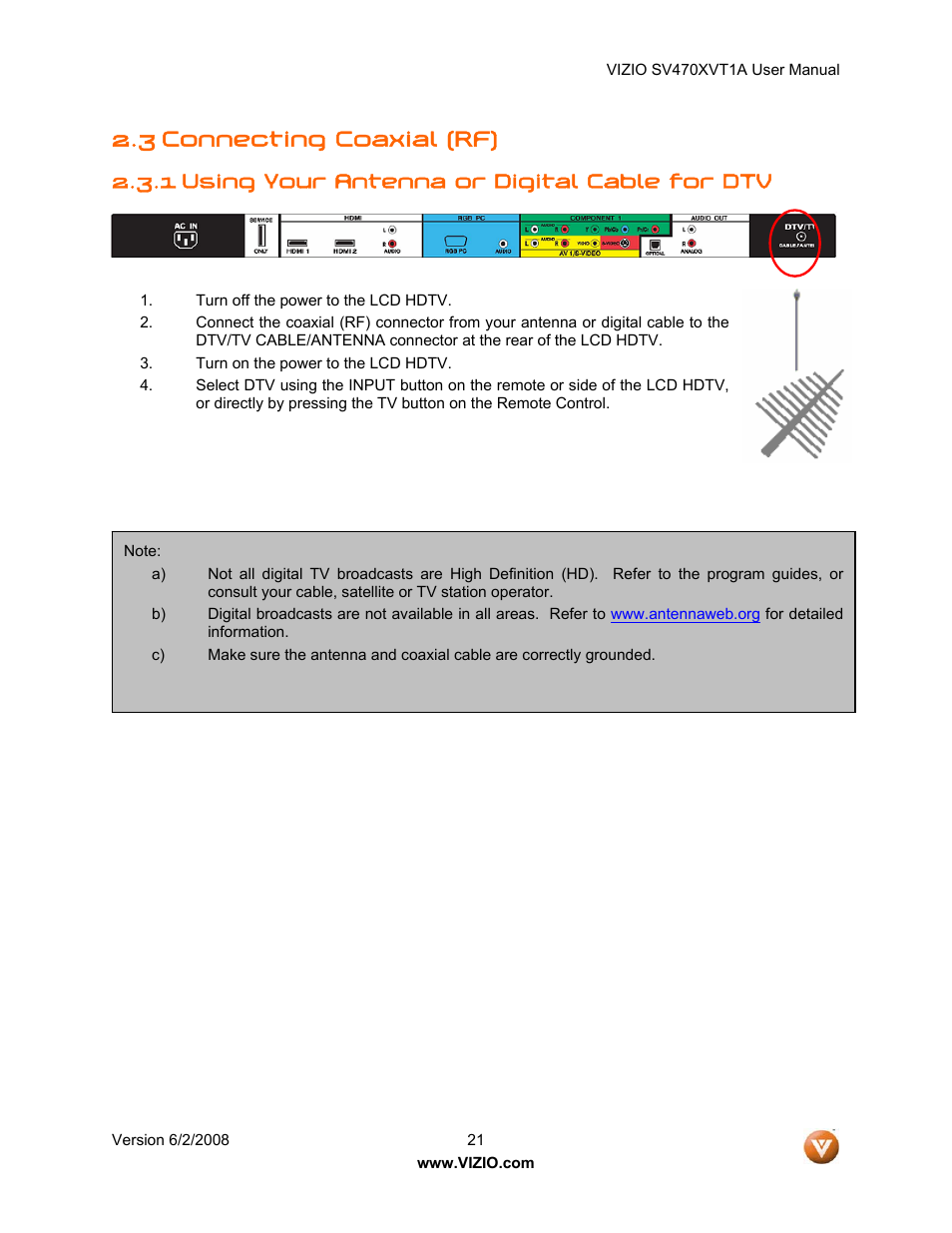 3 connecting coaxial (rf), Using your antenna or digital cable for dtv, 1 using your antenna or digital cable for dtv | Vizio SV470XVT1A User Manual | Page 21 / 104