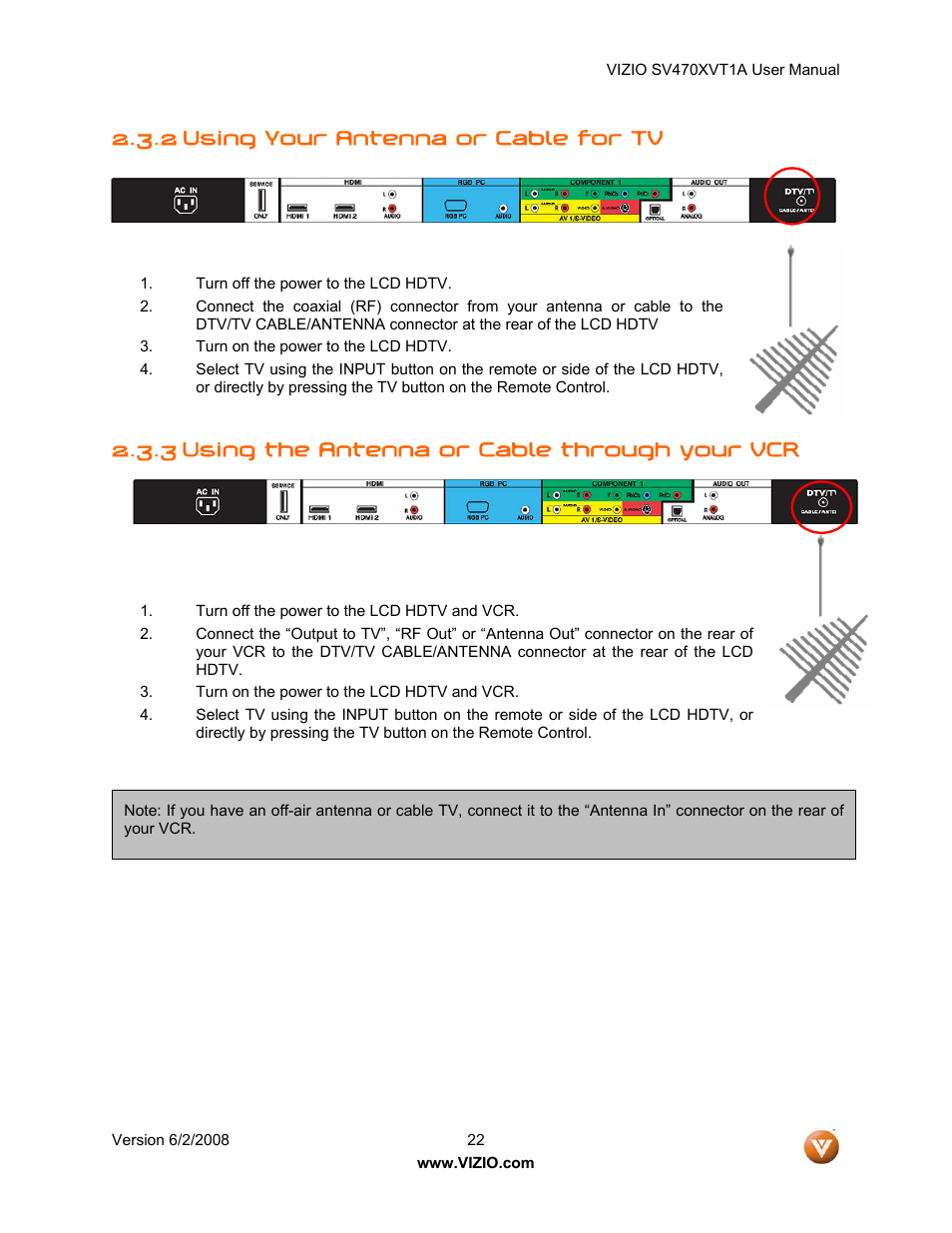 2 using your antenna or cable for tv, Using the antenna or cable through your vcr, 3 using the antenna or cable through your vcr | Vizio SV470XVT1A User Manual | Page 22 / 104