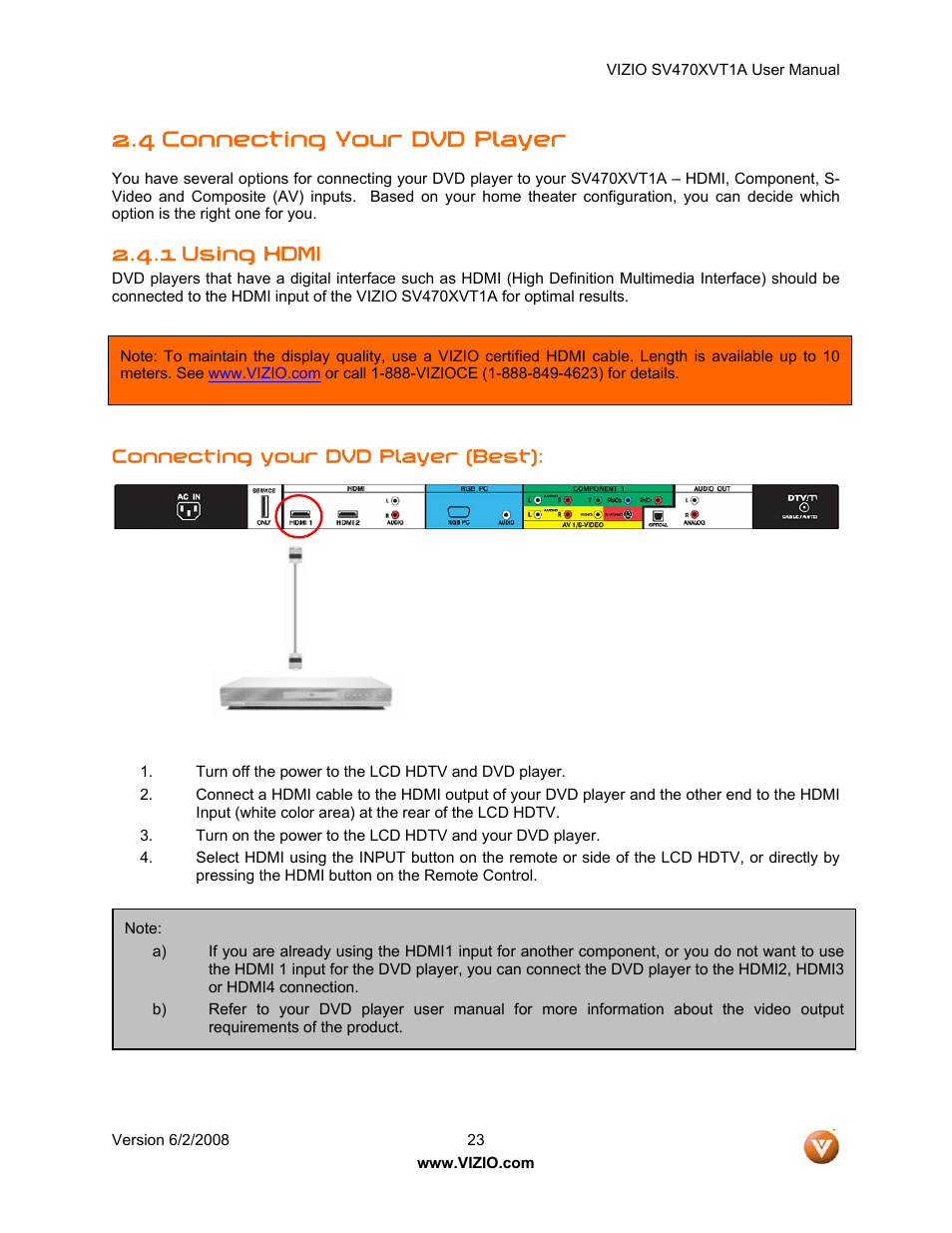 4 connecting your dvd player, 1 using hdmi | Vizio SV470XVT1A User Manual | Page 23 / 104