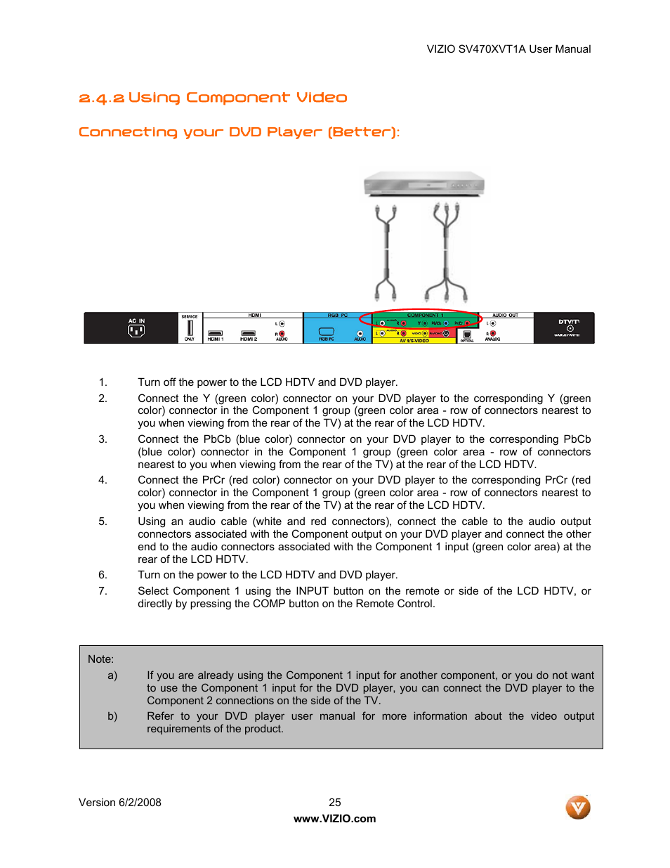 2 using component video | Vizio SV470XVT1A User Manual | Page 25 / 104