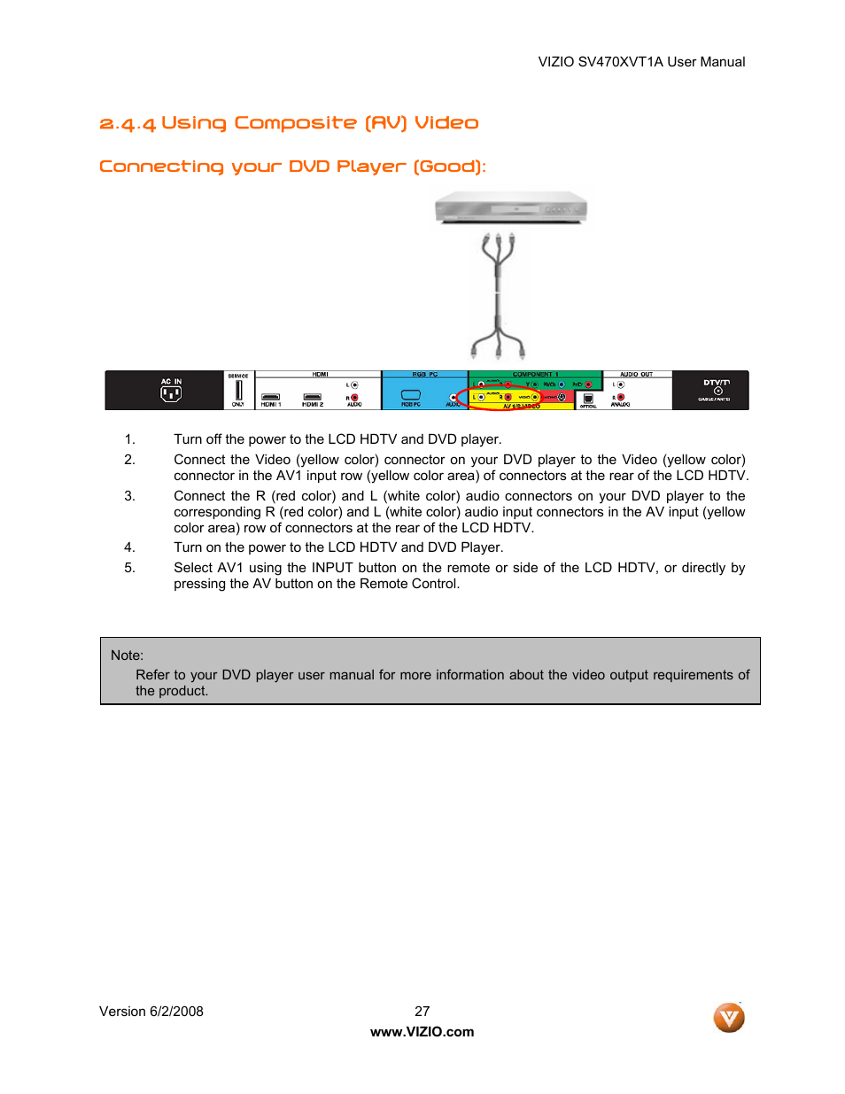 4 using composite (av) video | Vizio SV470XVT1A User Manual | Page 27 / 104