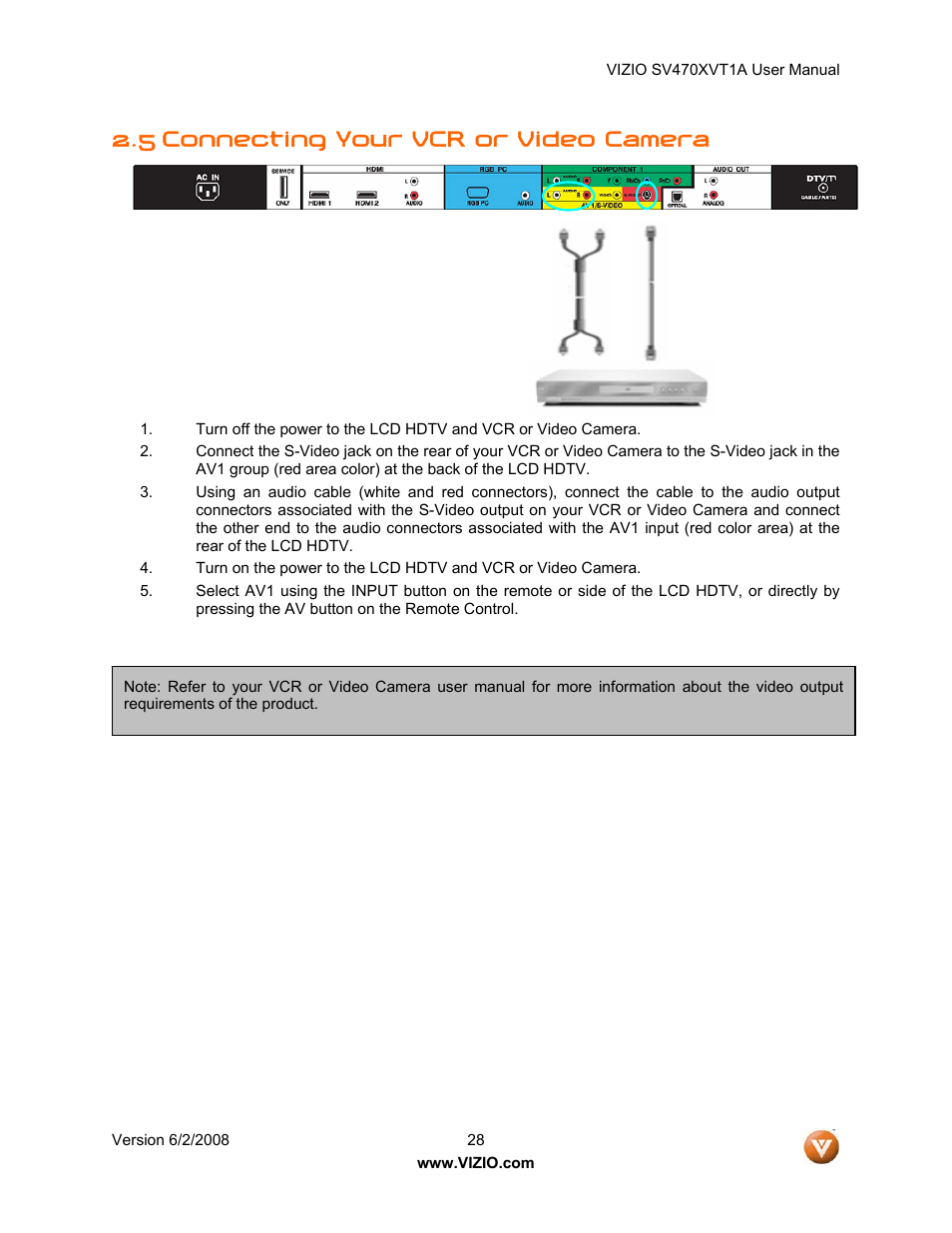 5 connecting your vcr or video camera | Vizio SV470XVT1A User Manual | Page 28 / 104