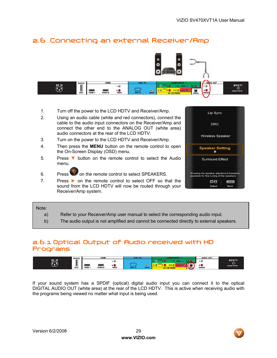 6 connecting an external receiver/amp, Optical output of audio received with hd programs | Vizio SV470XVT1A User Manual | Page 29 / 104