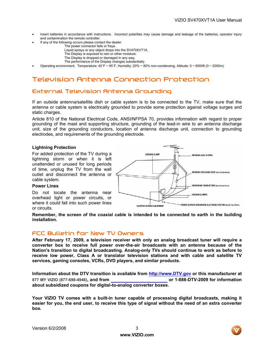 Television antenna connection protection, External television antenna grounding, Fcc bulletin for new tv owners | Vizio SV470XVT1A User Manual | Page 3 / 104