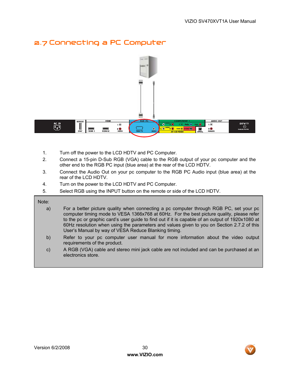 7 connecting a pc computer | Vizio SV470XVT1A User Manual | Page 30 / 104