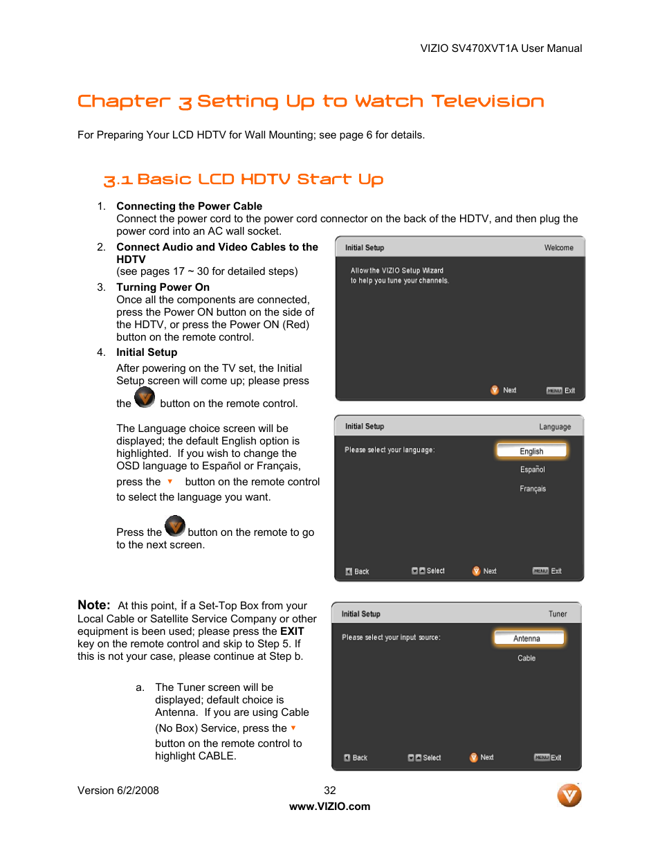 Chapter 3 setting up to watch television, 1 basic lcd hdtv start up | Vizio SV470XVT1A User Manual | Page 32 / 104