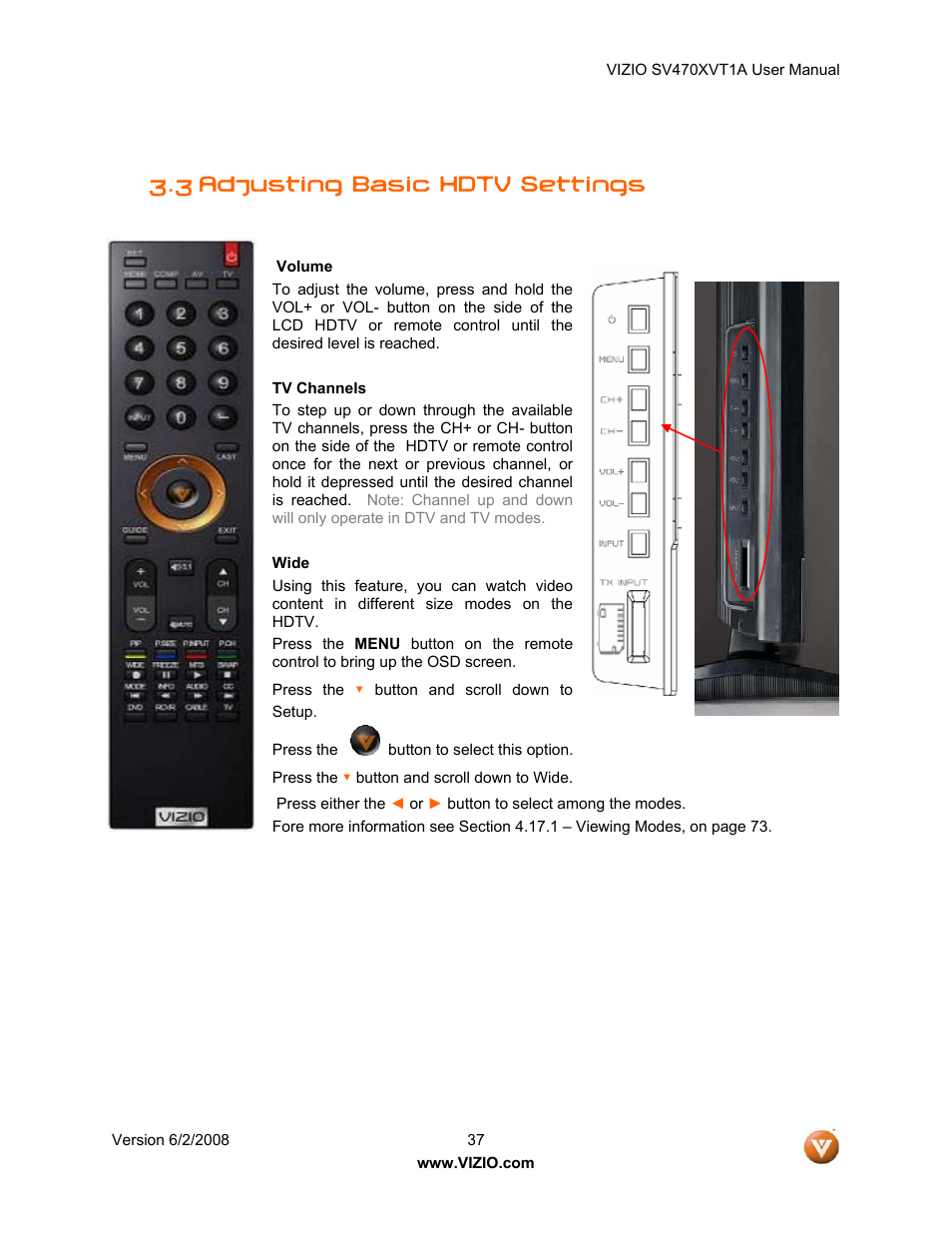 3 adjusting basic hdtv settings | Vizio SV470XVT1A User Manual | Page 37 / 104