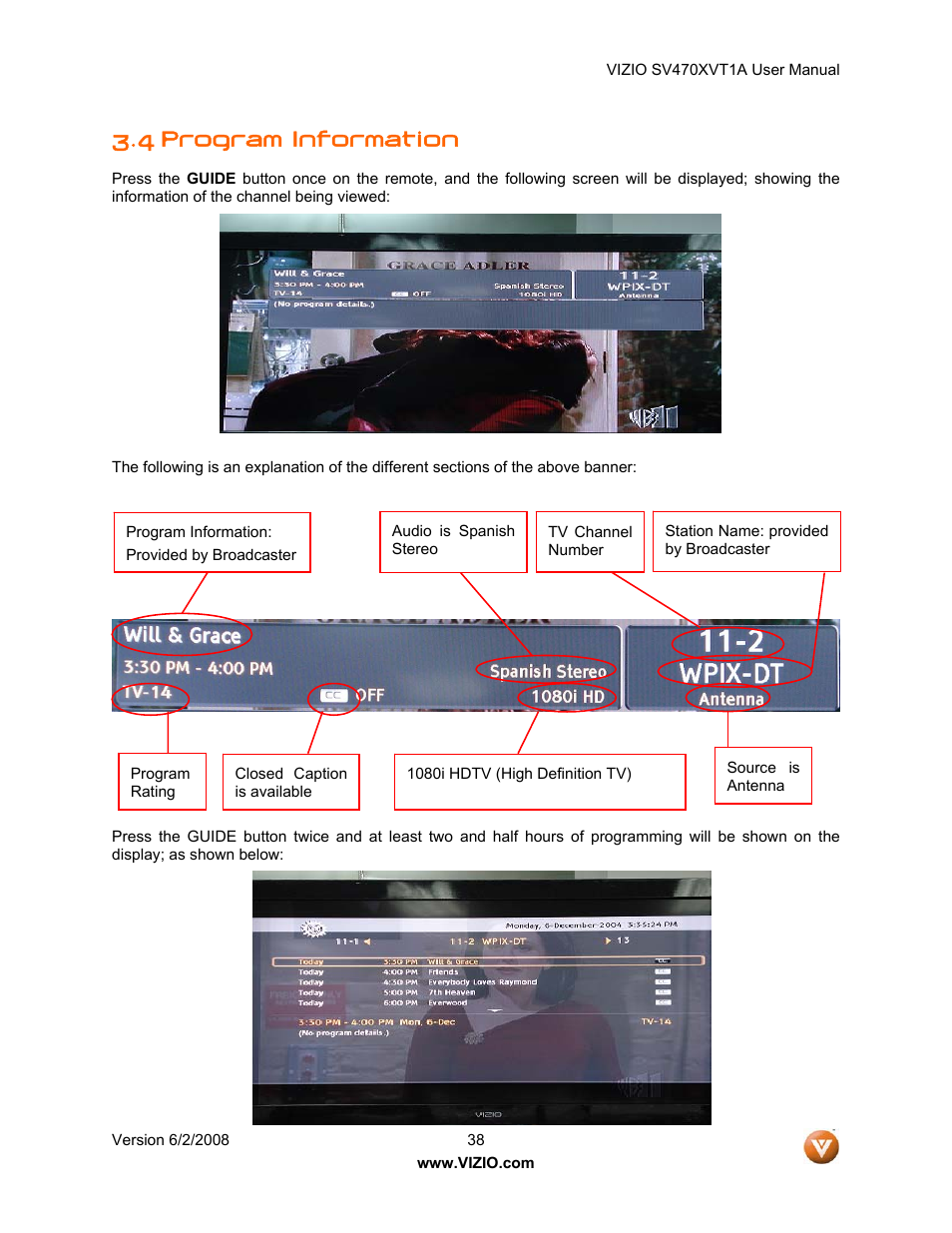 4 program information | Vizio SV470XVT1A User Manual | Page 38 / 104