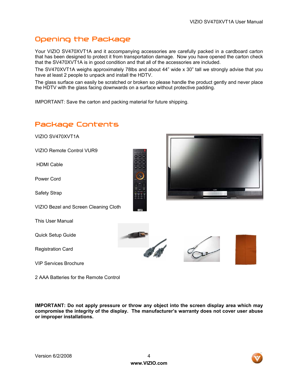 Opening the package, Package contents | Vizio SV470XVT1A User Manual | Page 4 / 104