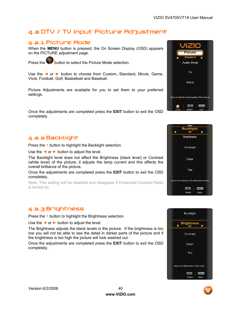 2 dtv / tv input picture adjustment, Picture mode, 2 backlight | Brightness, 1 picture mode, 3 brightness | Vizio SV470XVT1A User Manual | Page 40 / 104