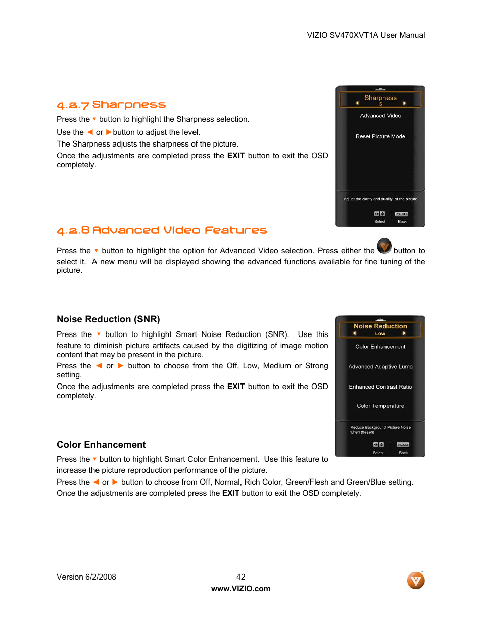 7 sharpness, 8 advanced video features, Noise reduction (snr) | Color enhancement | Vizio SV470XVT1A User Manual | Page 42 / 104