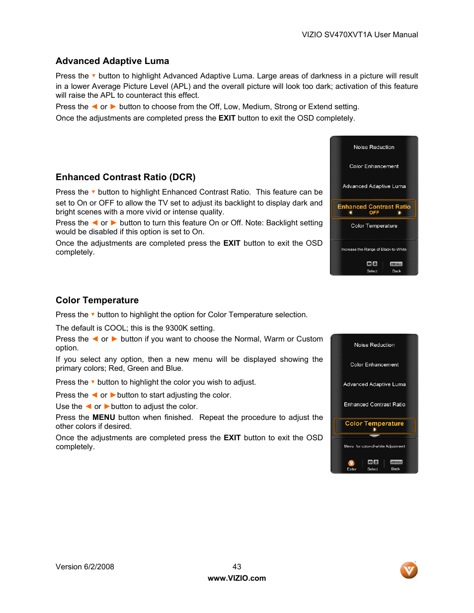 Advanced adaptive luma, Enhanced contrast ratio (dcr), Color temperature | Vizio SV470XVT1A User Manual | Page 43 / 104