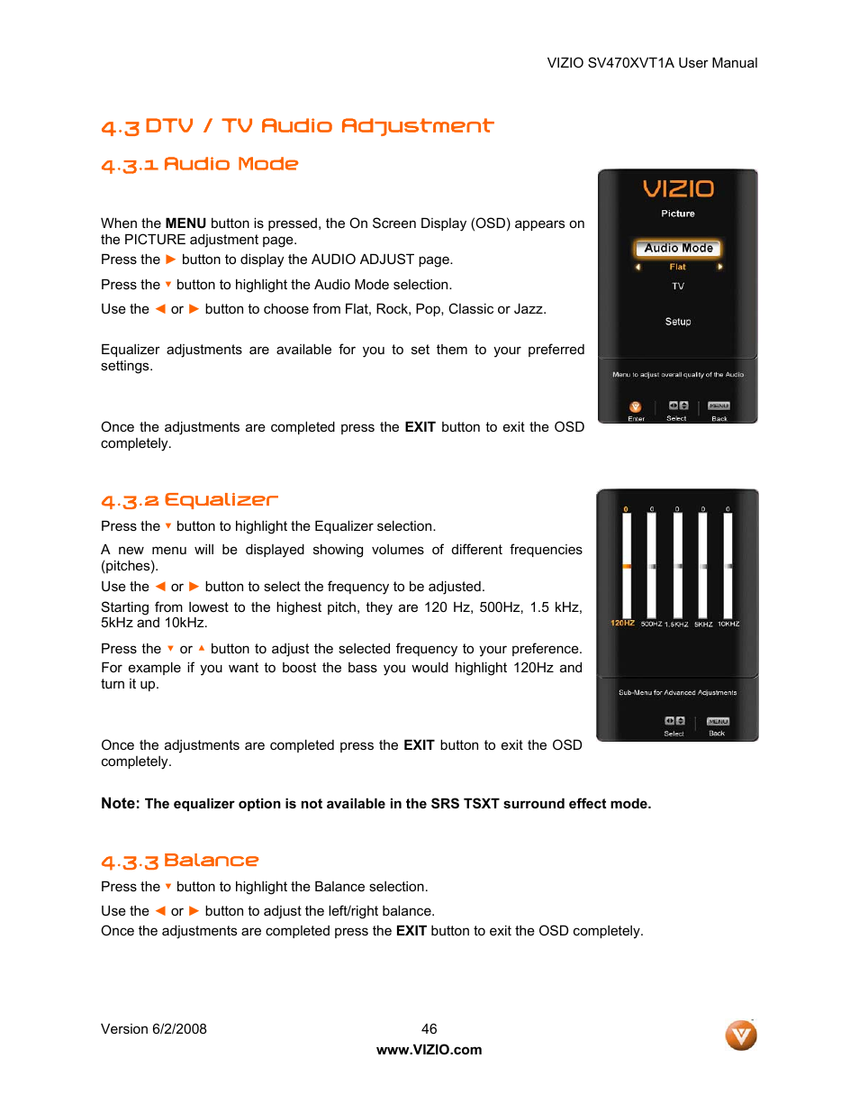 3 dtv / tv audio adjustment, Audio mode, Equalizer | 3 balance, 1 audio mode, 2 equalizer | Vizio SV470XVT1A User Manual | Page 46 / 104