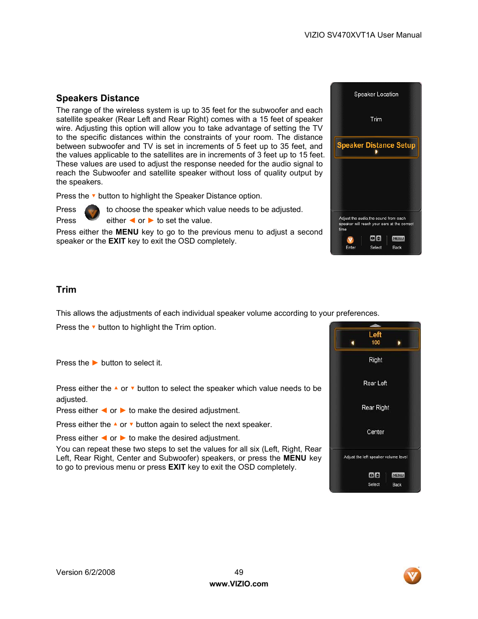 Speakers distance, Trim | Vizio SV470XVT1A User Manual | Page 49 / 104