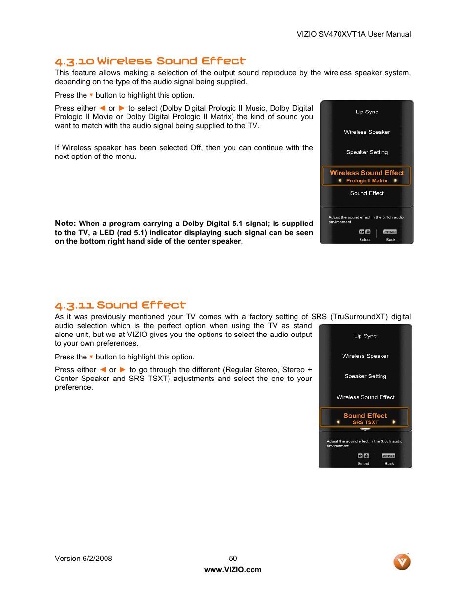 10 wireless sound effect, 11 sound effect | Vizio SV470XVT1A User Manual | Page 50 / 104