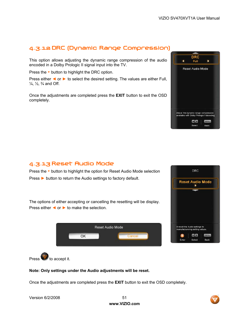 Drc (dynamic range compression), 13 reset audio mode, 12 drc (dynamic range compression) | Vizio SV470XVT1A User Manual | Page 51 / 104