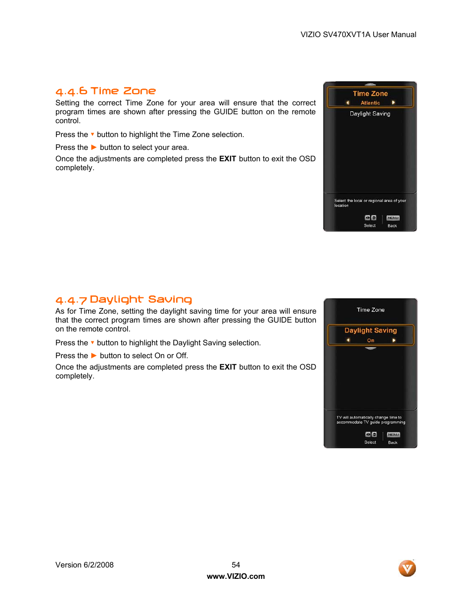 Time zone, Daylight saving, 6 time zone | 7 daylight saving | Vizio SV470XVT1A User Manual | Page 54 / 104