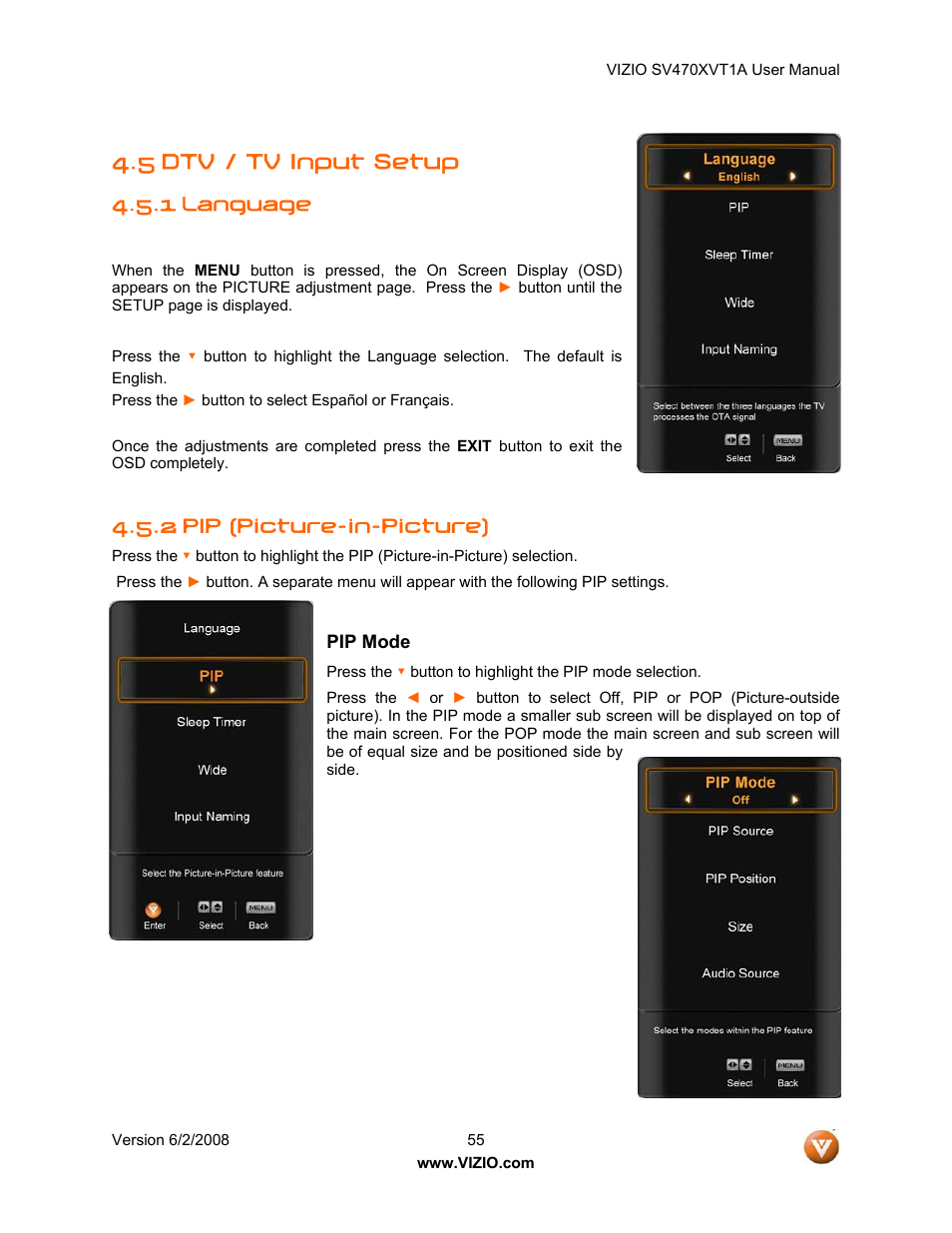 Dtv / tv input setup, 1 language, 2 pip (picture-in-picture) | Pip mode, 5 dtv / tv input setup | Vizio SV470XVT1A User Manual | Page 55 / 104