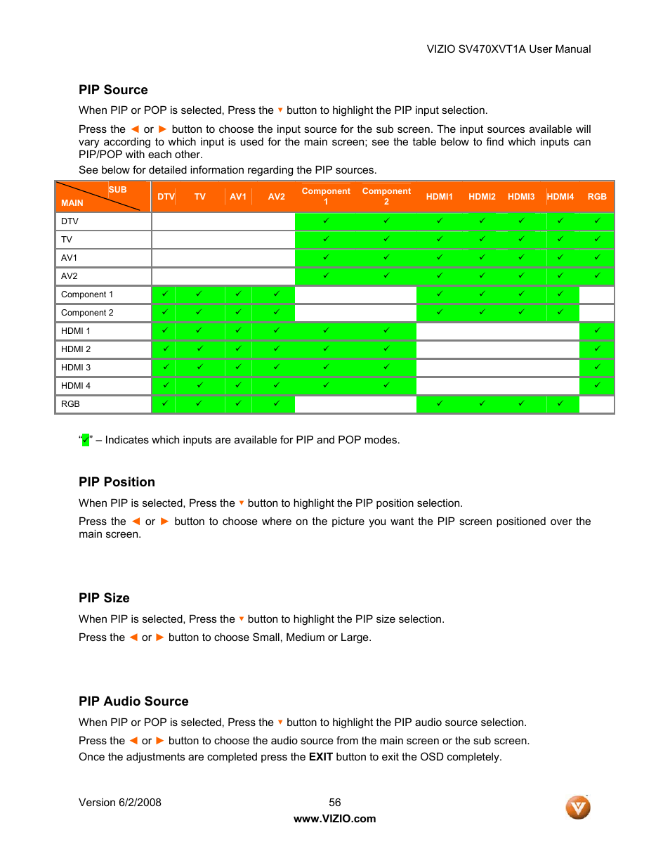 Pip source, Pip position, Pip size | Pip audio source | Vizio SV470XVT1A User Manual | Page 56 / 104