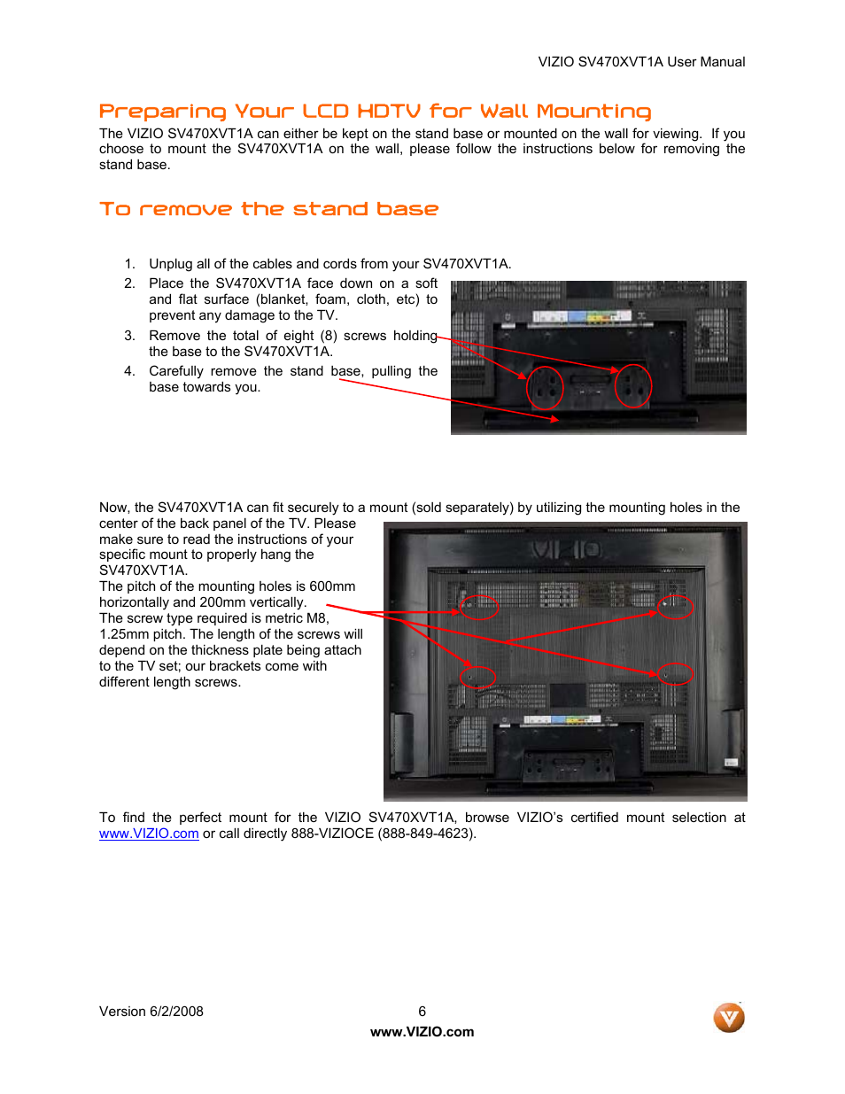 Preparing your lcd hdtv for wall mounting | Vizio SV470XVT1A User Manual | Page 6 / 104