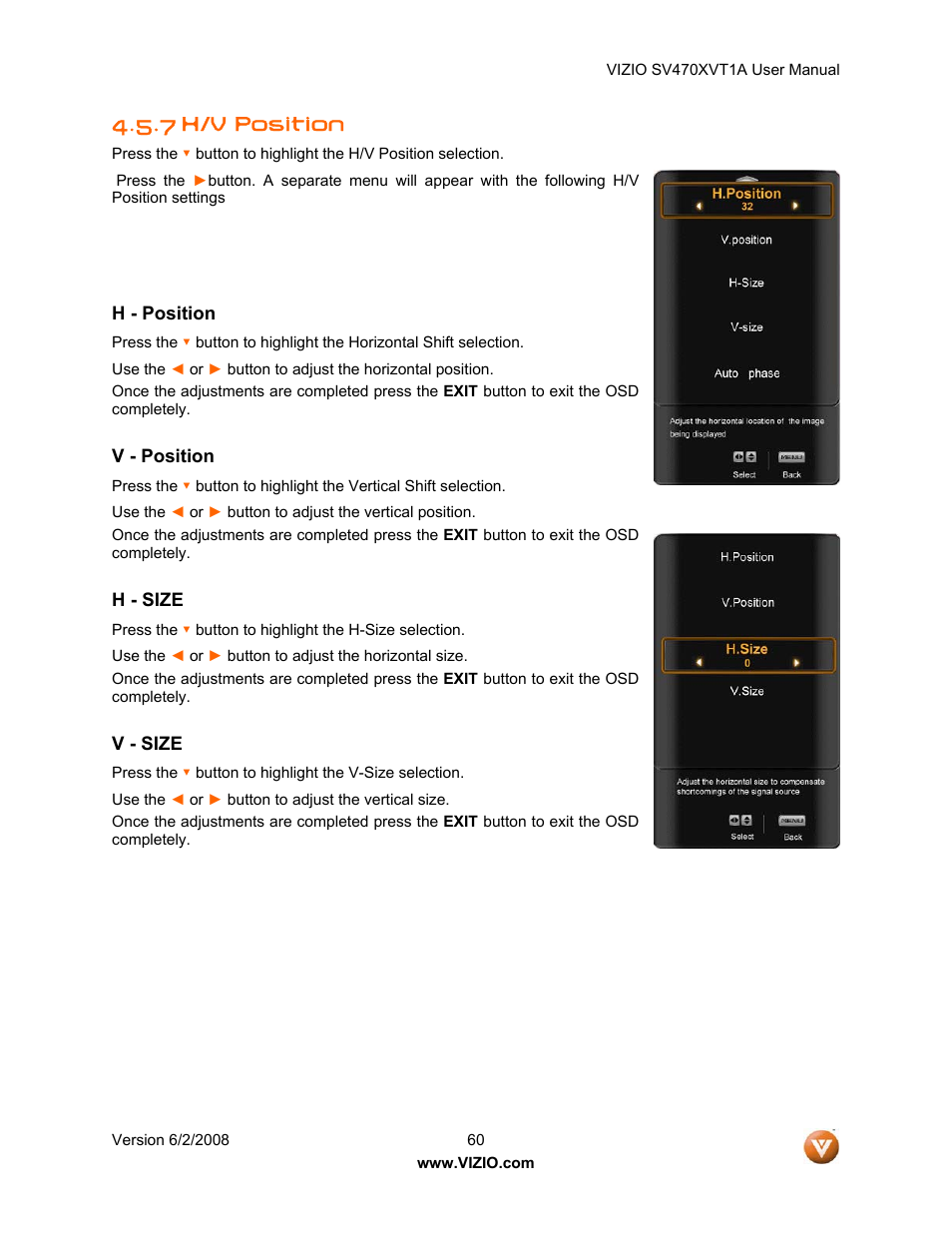 7 h/v position | Vizio SV470XVT1A User Manual | Page 60 / 104