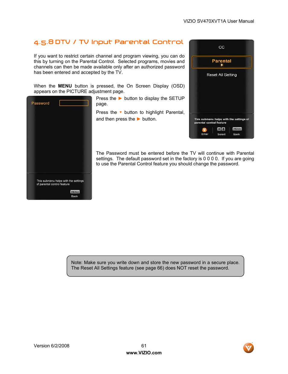 8 dtv / tv input parental control | Vizio SV470XVT1A User Manual | Page 61 / 104