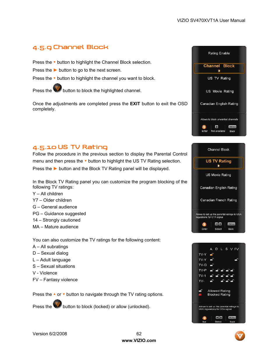 Channel block, Us tv rating, 9 channel block | 10 us tv rating | Vizio SV470XVT1A User Manual | Page 62 / 104