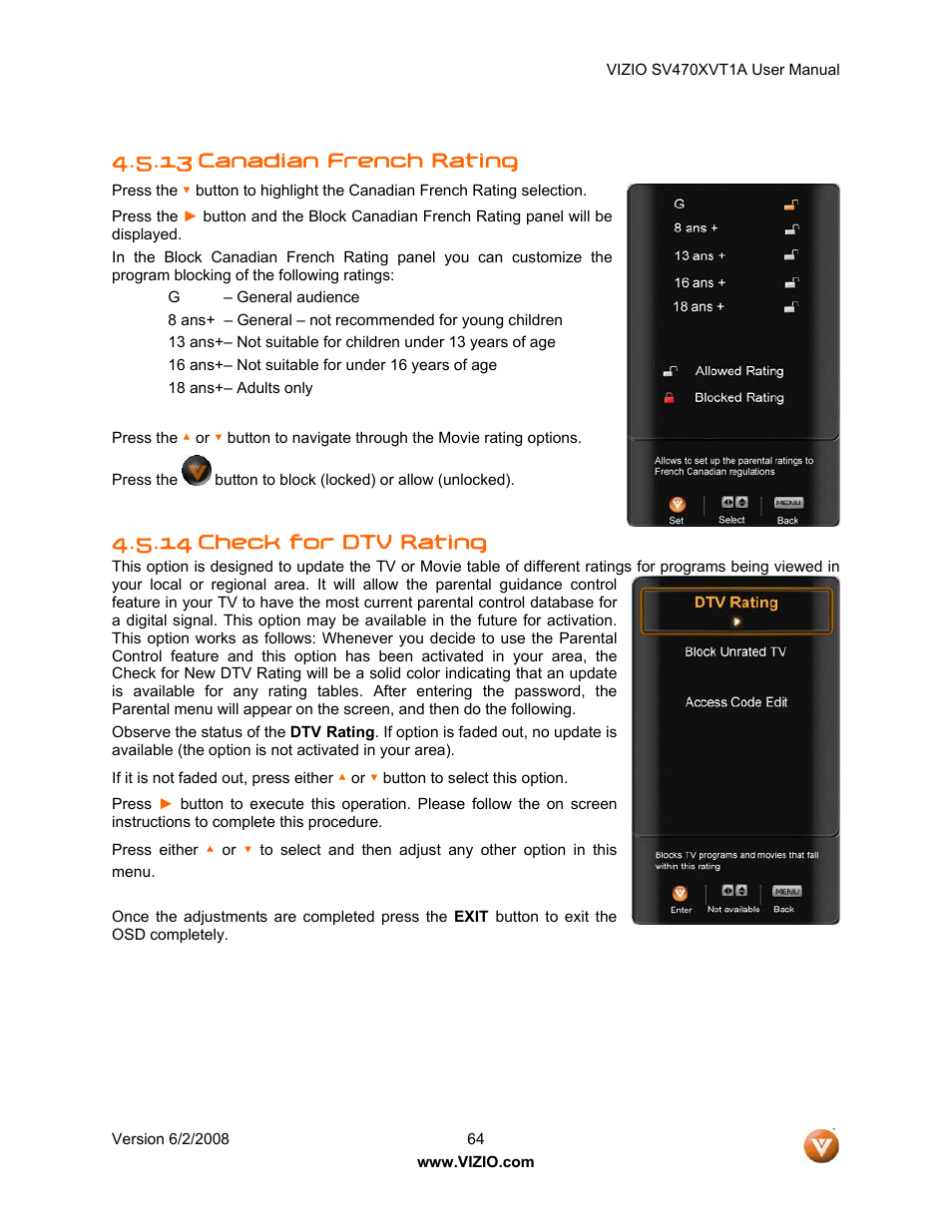 13 canadian french rating, 14 check for dtv rating | Vizio SV470XVT1A User Manual | Page 64 / 104