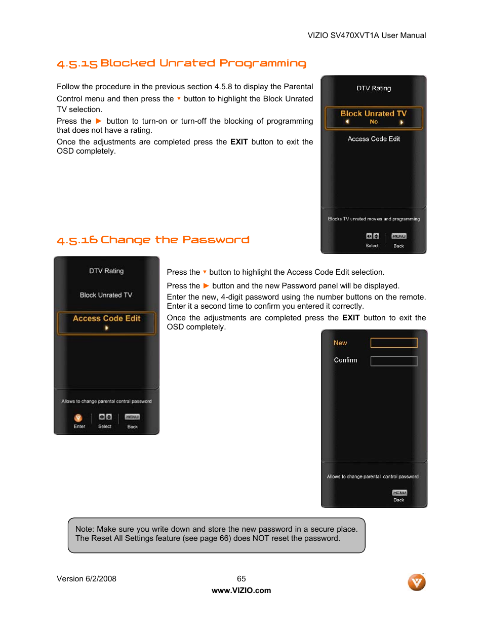 15 blocked unrated programming, 16 change the password | Vizio SV470XVT1A User Manual | Page 65 / 104