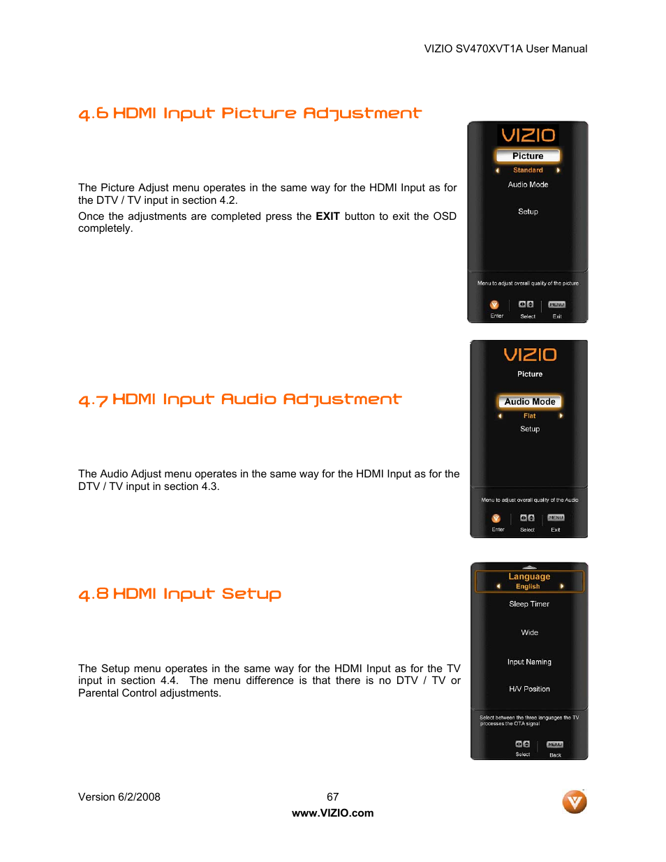 Hdmi input picture adjustment, 7 hdmi input audio adjustment, 8 hdmi input setup | 6 hdmi input picture adjustment | Vizio SV470XVT1A User Manual | Page 67 / 104