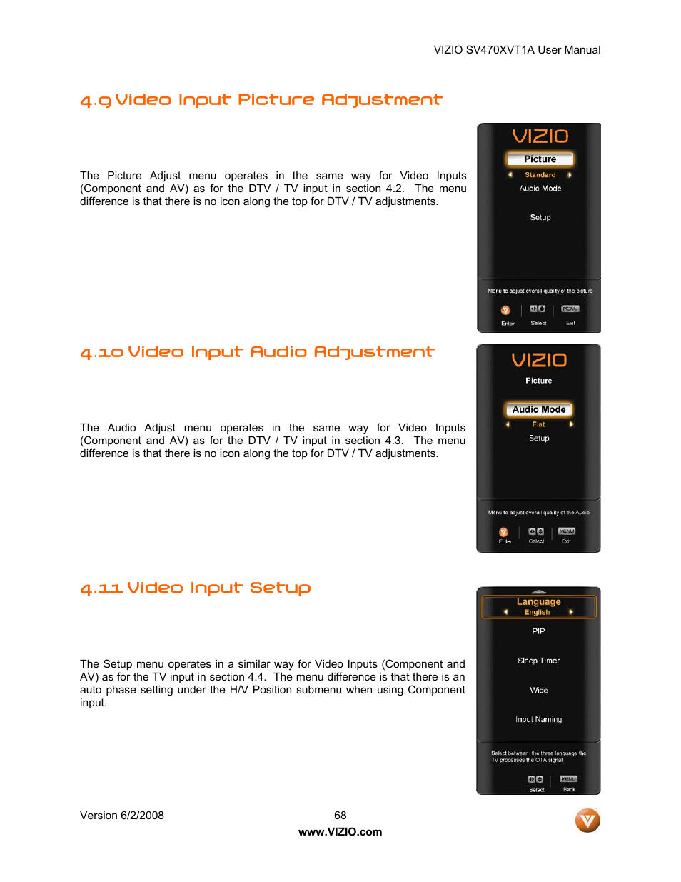 9 video input picture adjustment, Video input audio adjustment, Video input setup | 10 video input audio adjustment, 11 video input setup | Vizio SV470XVT1A User Manual | Page 68 / 104