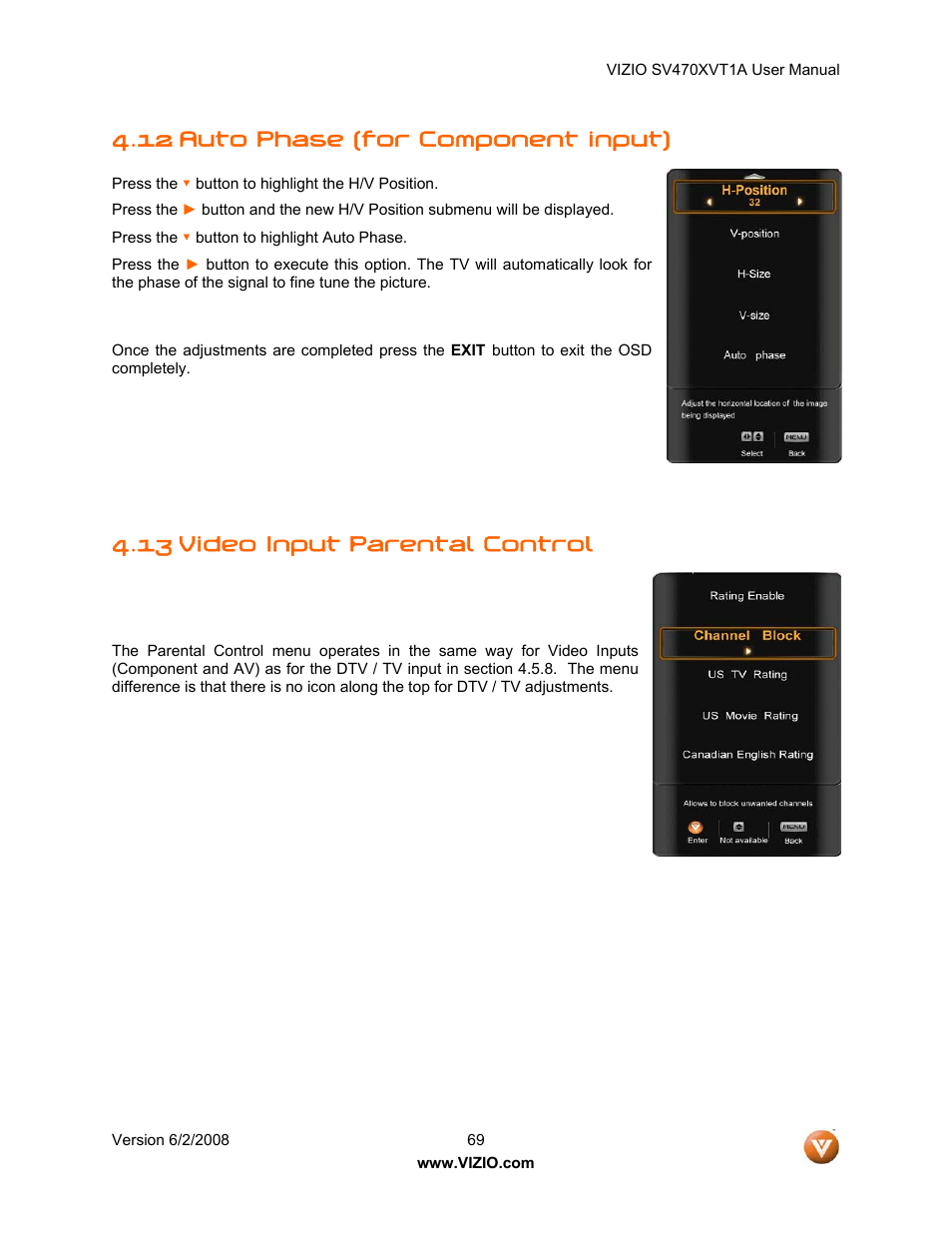 12 auto phase (for component input), Video input parental control, 13 video input parental control | Vizio SV470XVT1A User Manual | Page 69 / 104