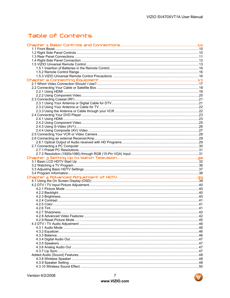 Vizio SV470XVT1A User Manual | Page 7 / 104