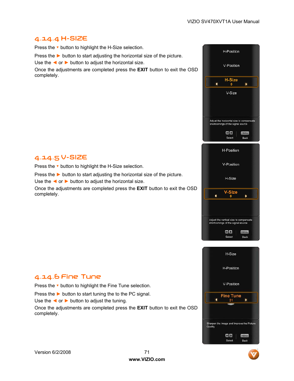 4 h-size, 5 v-size, 6 fine tune | Vizio SV470XVT1A User Manual | Page 71 / 104