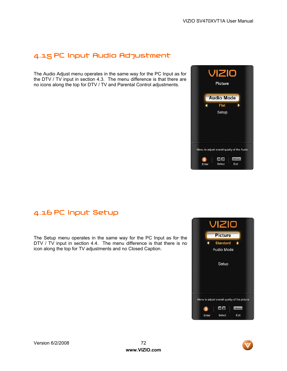 15 pc input audio adjustment, Pc input setup, 16 pc input setup | Vizio SV470XVT1A User Manual | Page 72 / 104