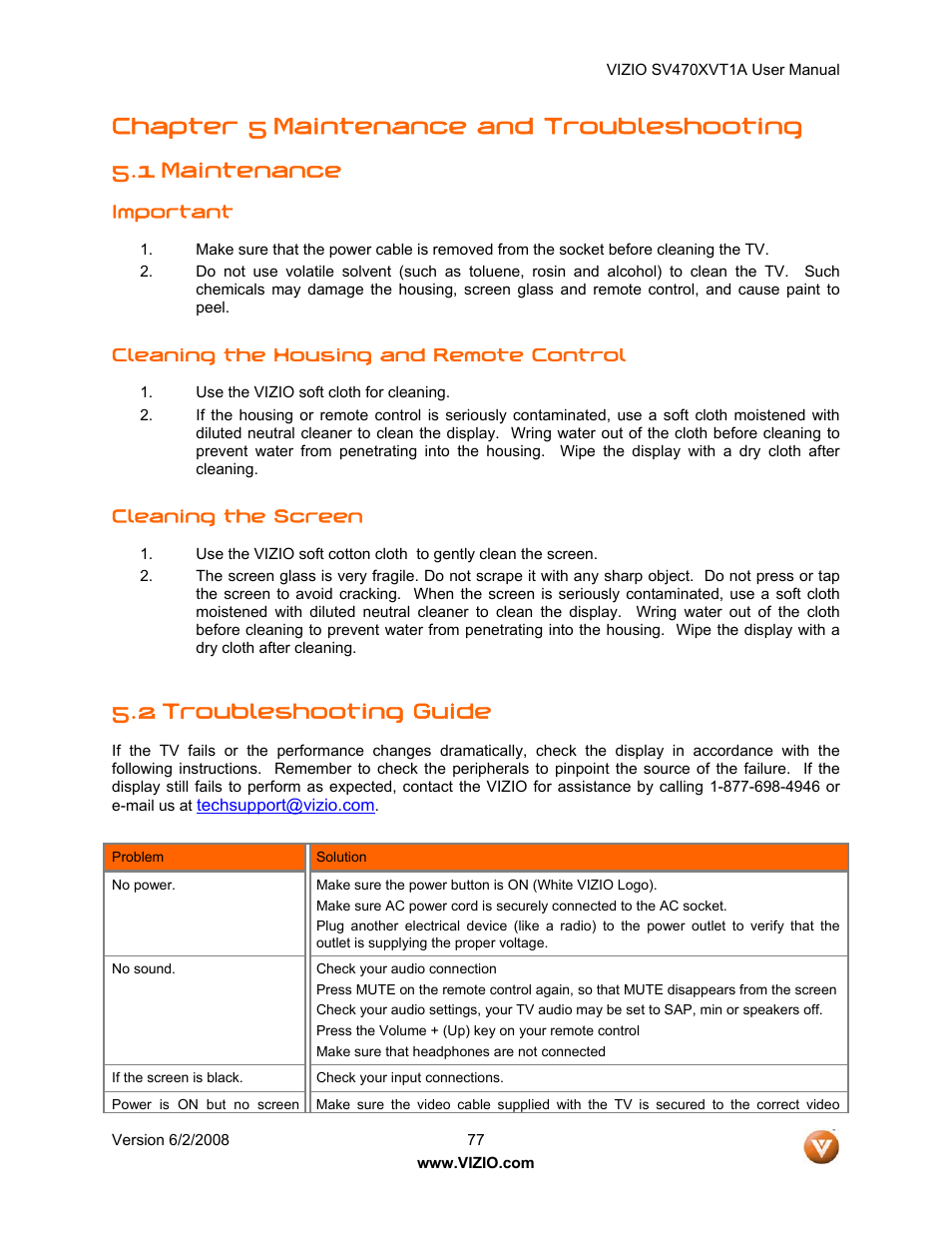 Chapter 5 maintenance and troubleshooting, 1 maintenance, 2 troubleshooting guide | Vizio SV470XVT1A User Manual | Page 77 / 104