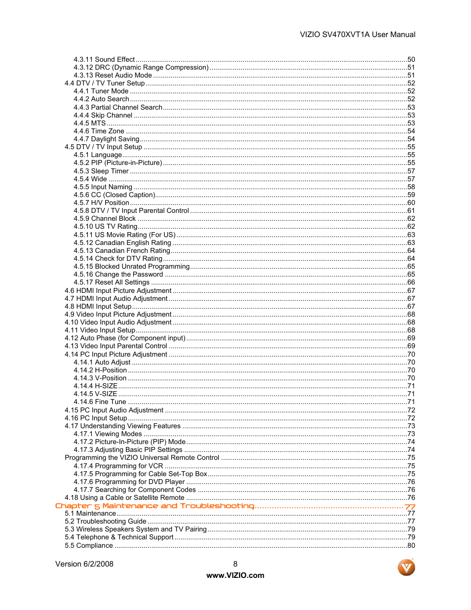 Vizio SV470XVT1A User Manual | Page 8 / 104