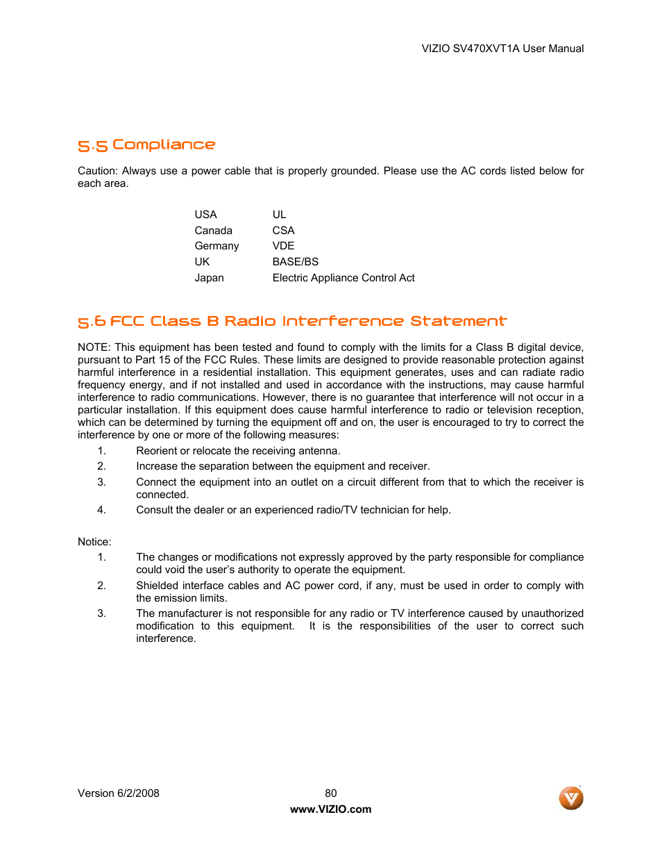 5 compliance, 6 fcc class b radio interference statement, Compliance | Vizio SV470XVT1A User Manual | Page 80 / 104