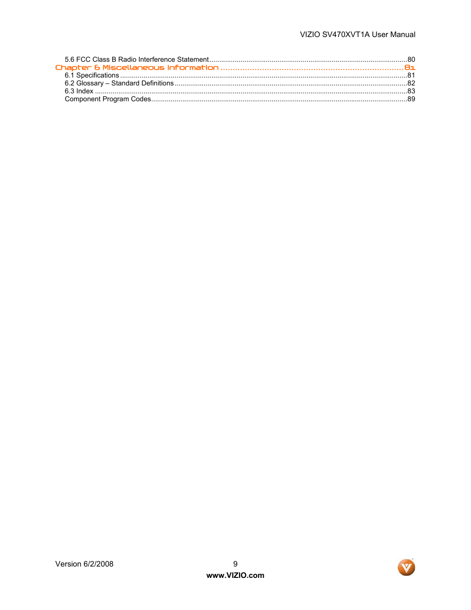 Vizio SV470XVT1A User Manual | Page 9 / 104