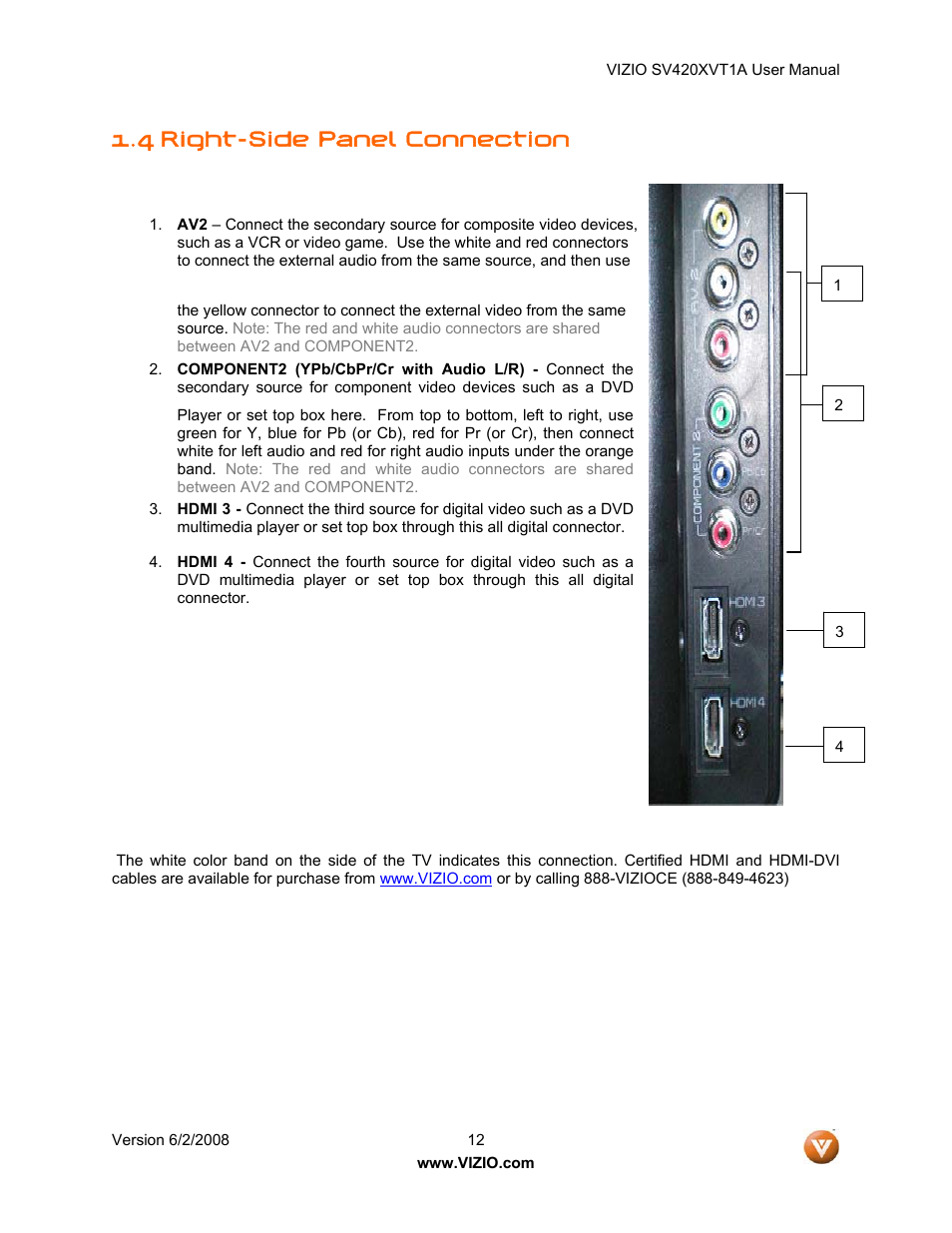 4 right-side panel connection | Vizio SV420XVT1A User Manual | Page 12 / 104