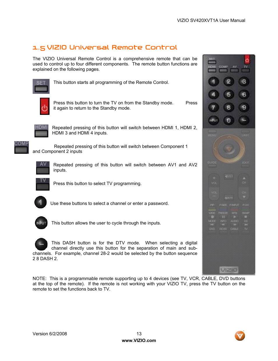 Vizio universal remote control, 5 vizio universal remote control | Vizio SV420XVT1A User Manual | Page 13 / 104