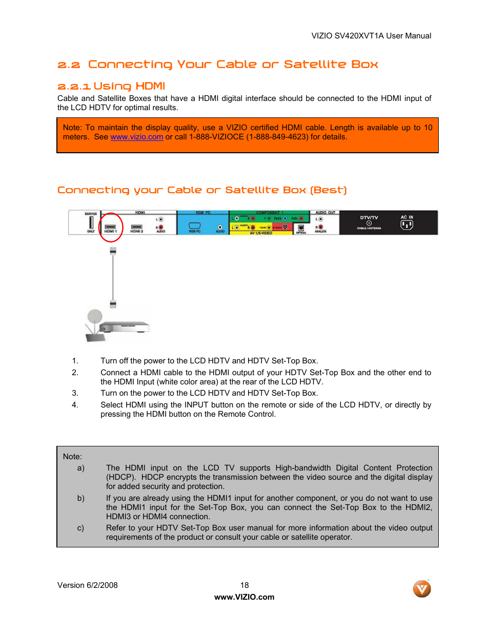 2 connecting your cable or satellite box, 1 using hdmi | Vizio SV420XVT1A User Manual | Page 18 / 104